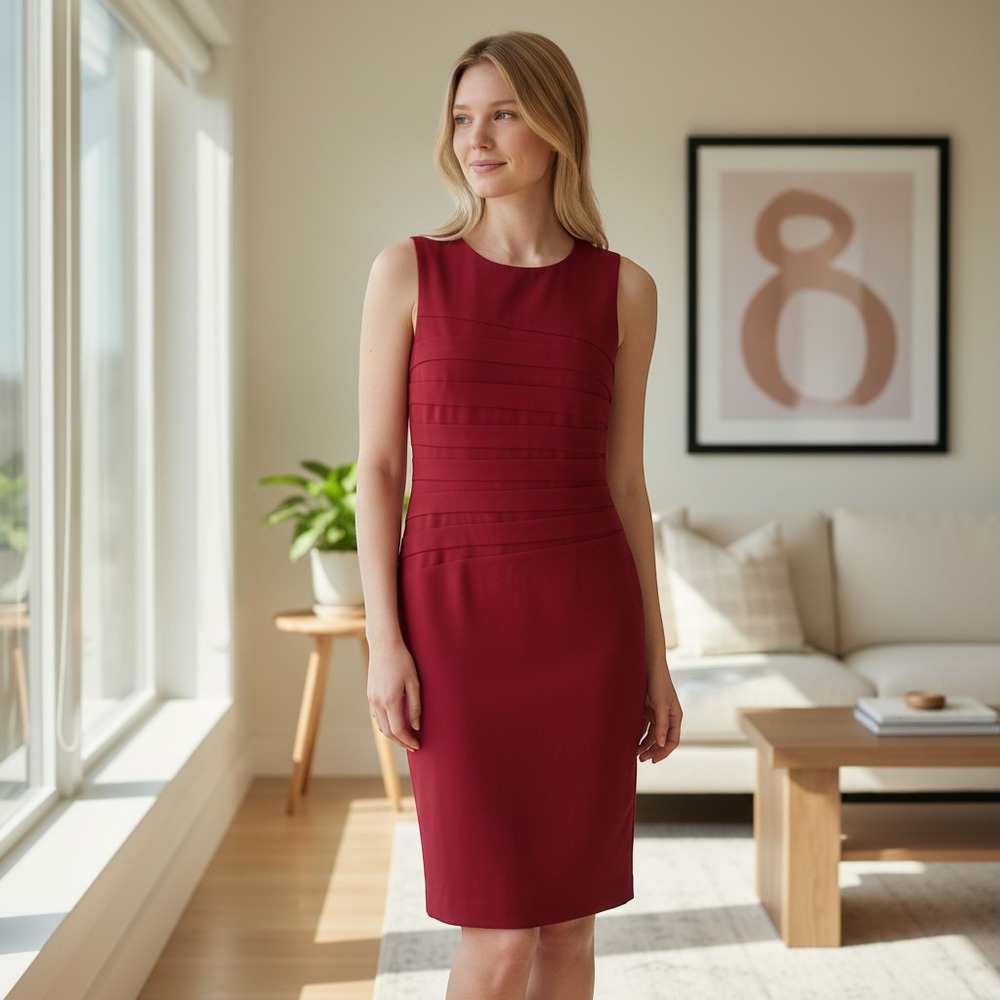 Calvin Klein Red‎ Sleeveless Pleated Tiered Sheath Dress Size 8